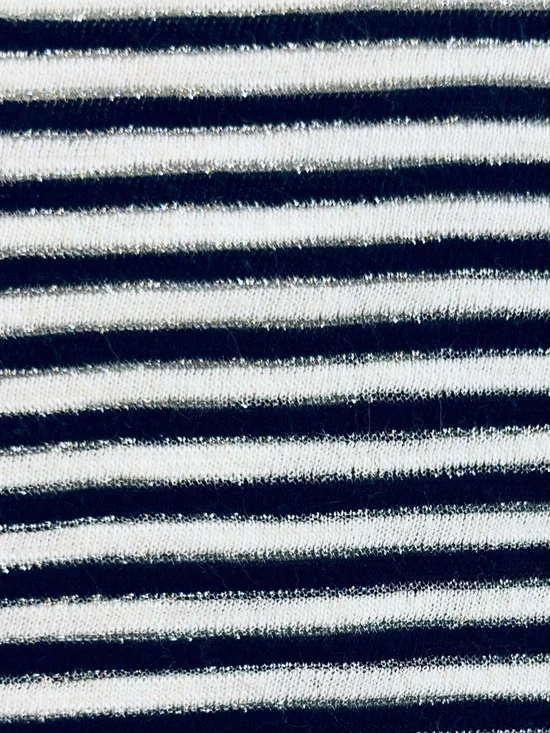 Chico's Top Knit Navy White Silver Stripe roll-tab 3/4 Sleeve Scoop casual large - Picture 7 of 8